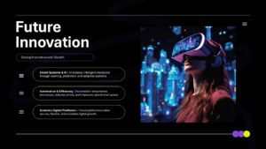 Future innovation presentation slide showing AI automation and digital platforms with feature highlight content layout