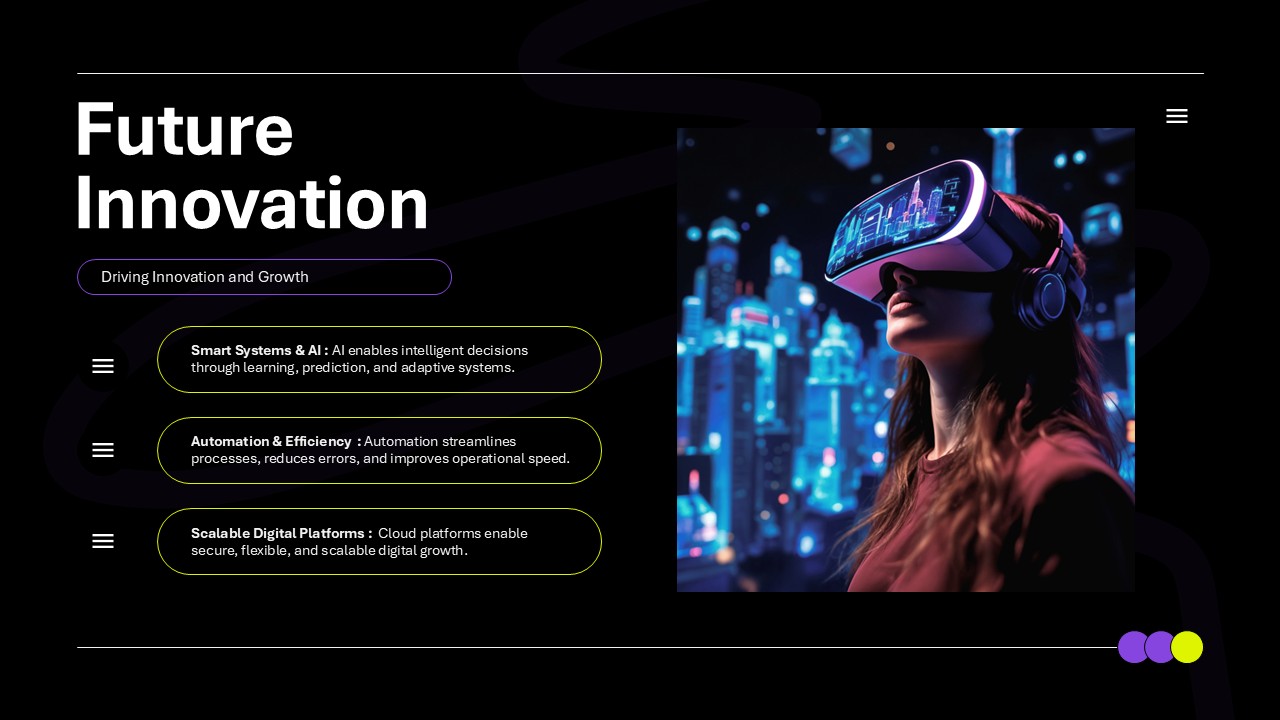Future innovation presentation slide showing AI automation and digital platforms with feature highlight content layout