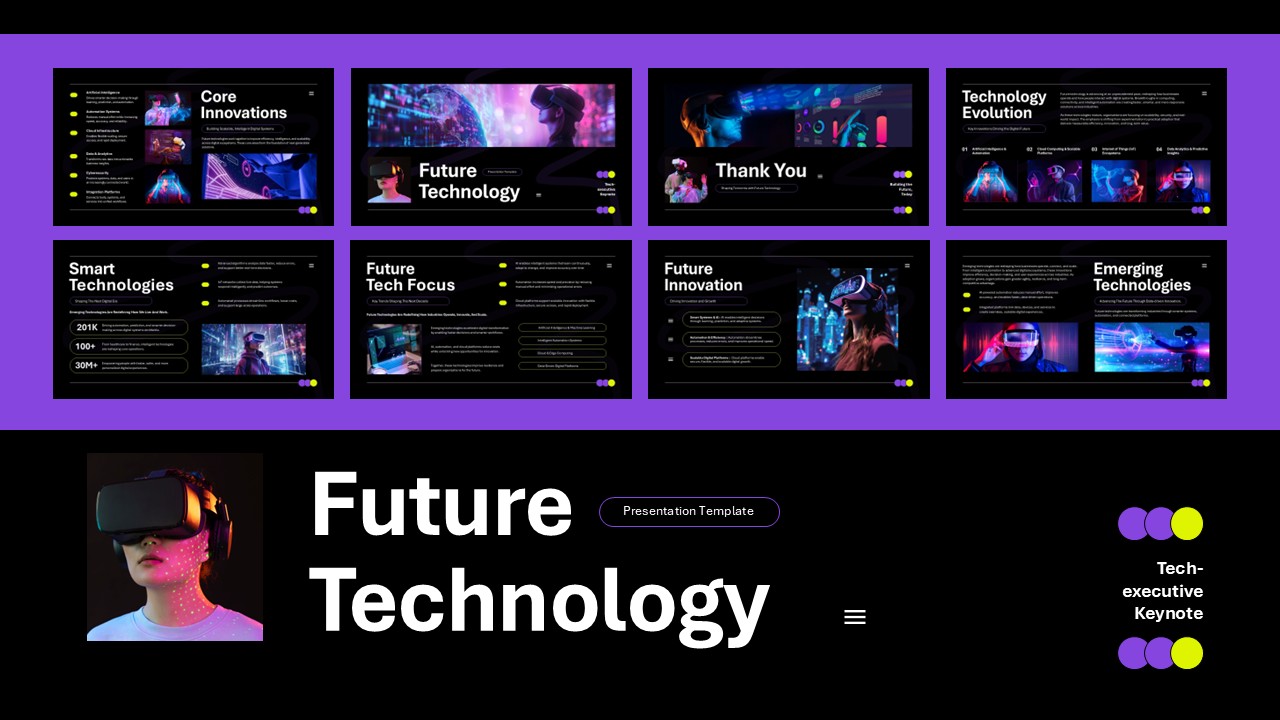 Future technology presentation template preview showing multiple slides on innovation emerging tech and keynote layouts