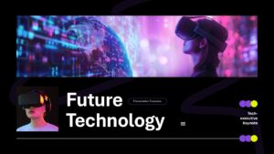 Future technology presentation cover slide with VR headset user and digital globe visual for tech keynote template