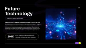 Future technology presentation slide explaining innovation trends with content layout and digital transformation visual