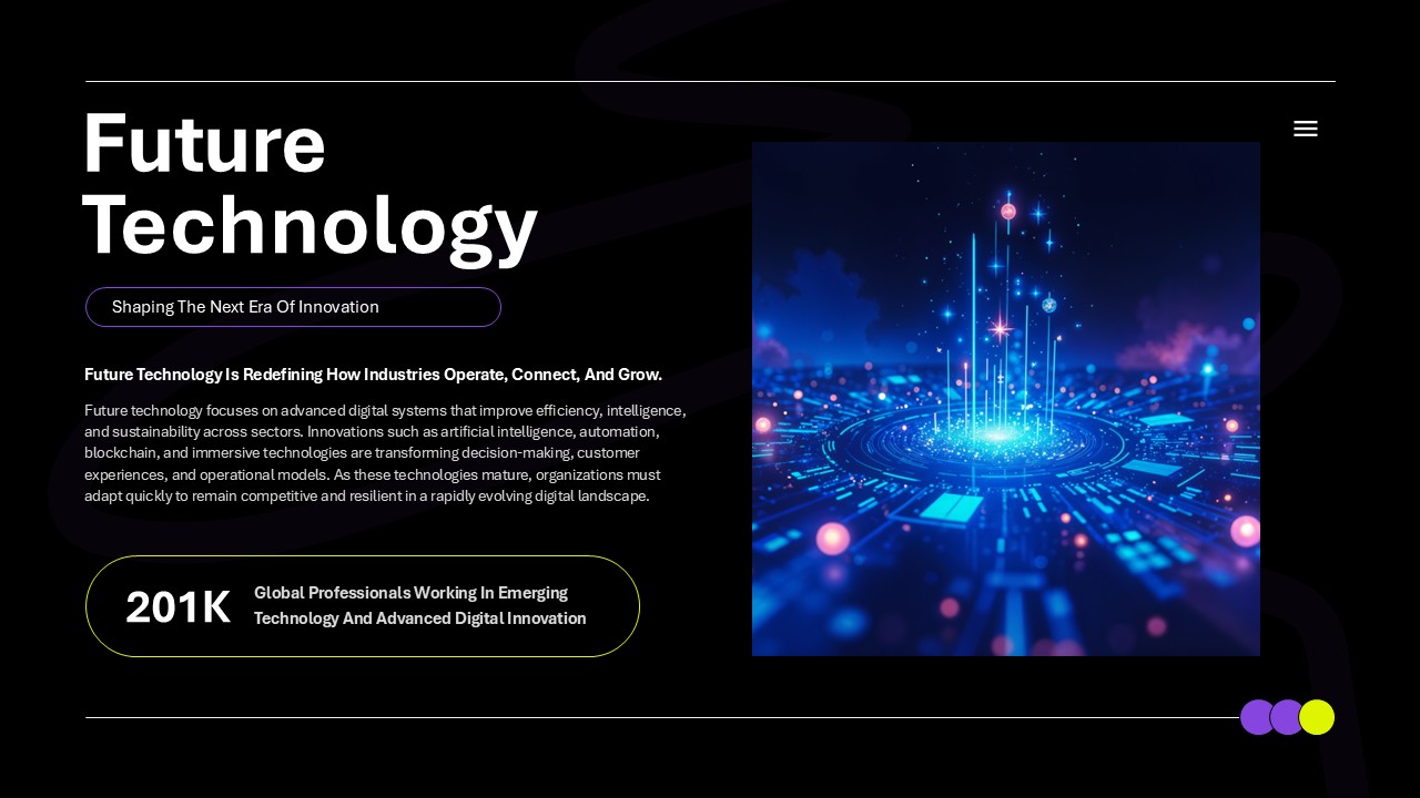 Future technology presentation slide explaining innovation trends with content layout and digital transformation visual
