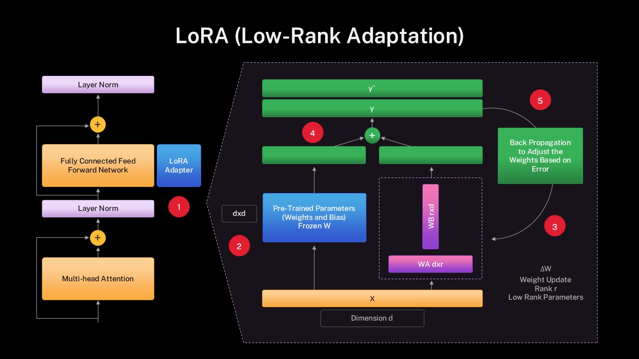 Dark theme LoRA low rank adaptation Google Slide diagram showing LLM architecture with adapters attention layers and weight update process