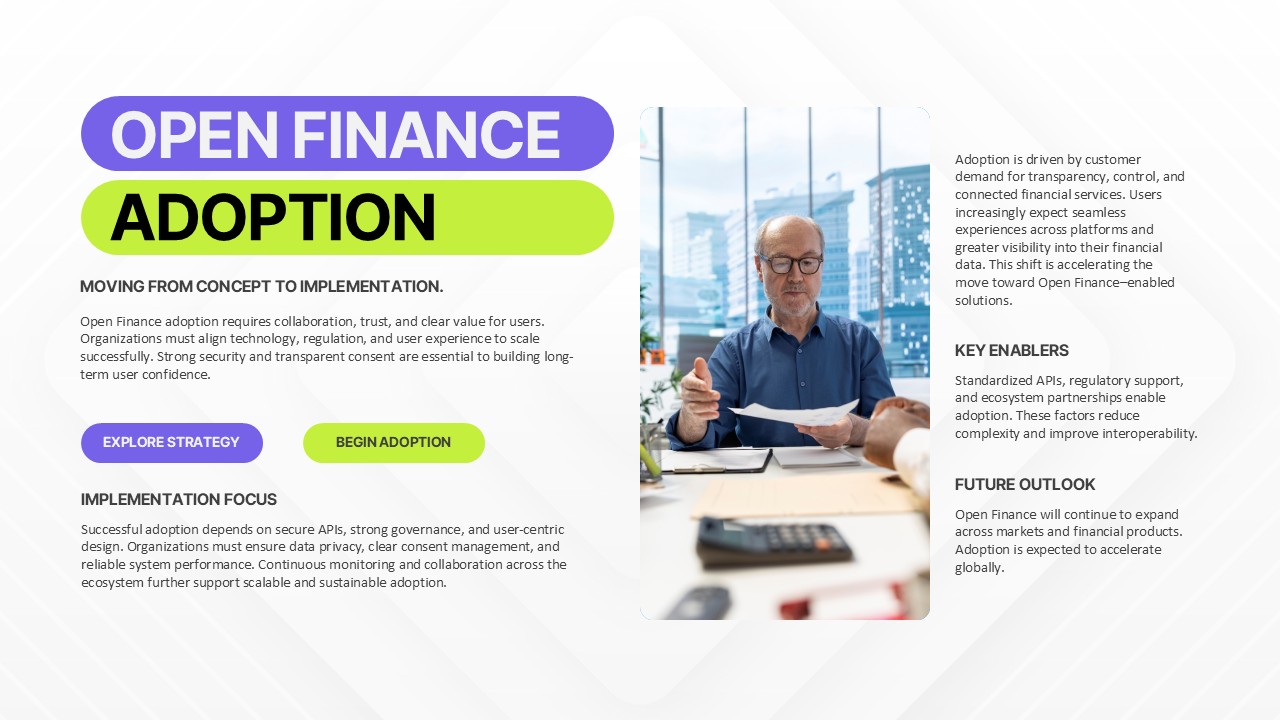 Open finance adoption slide showing strategy implementation and future outlook in fintech