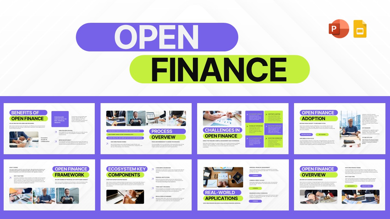 Open finance presentation template cover slide for PowerPoint and Google Slides with fintech design