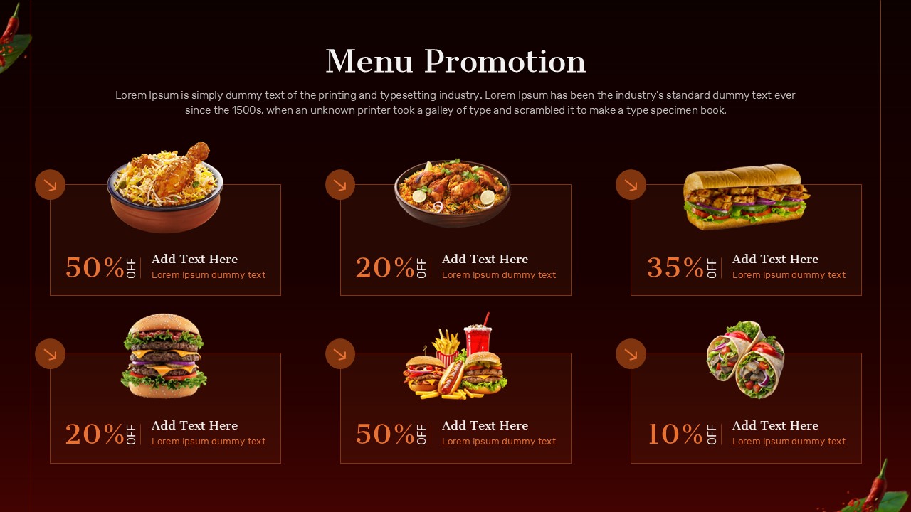PowerPoint slide to present menu in a Restaurant Marketing Plan