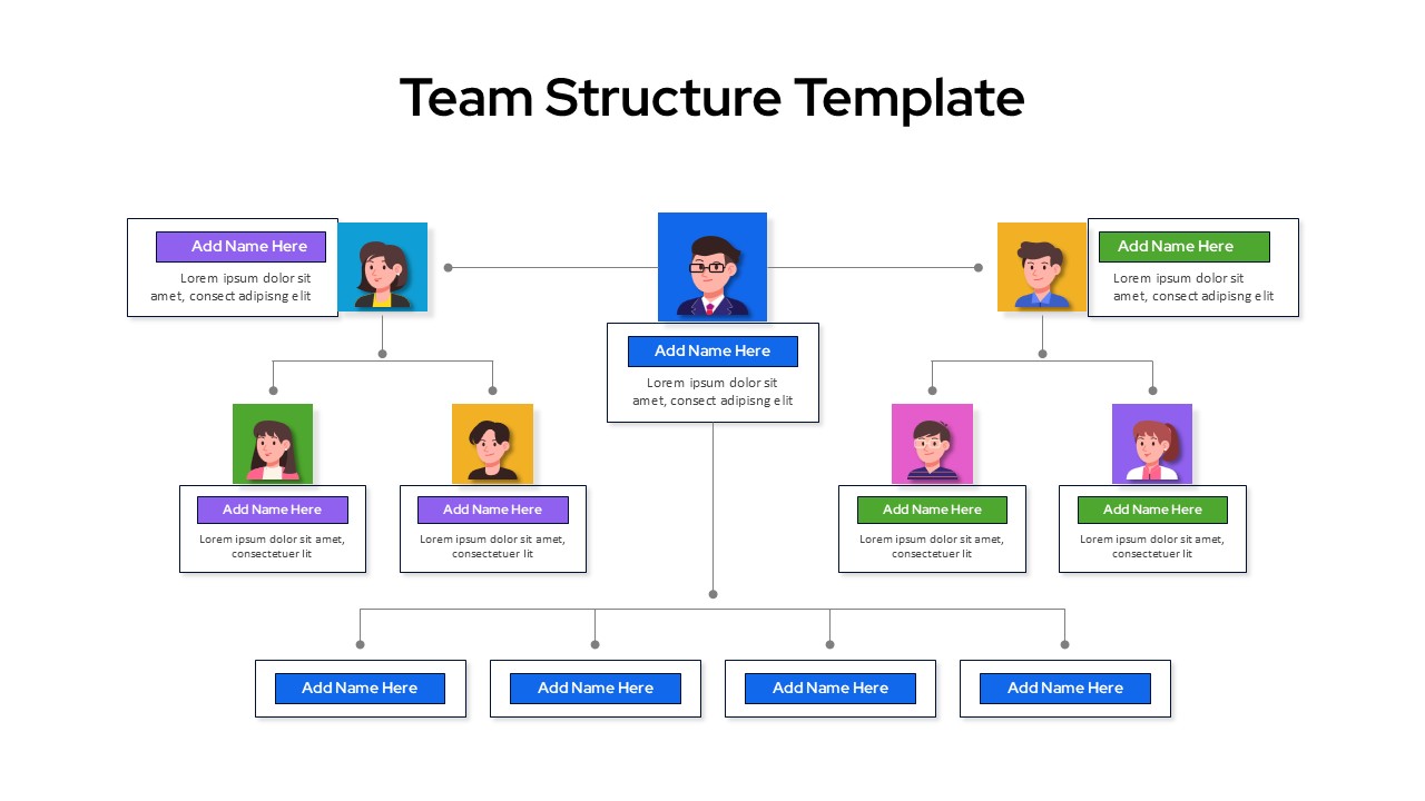 Team structure PPT slide with organizational chart showing hierarchy, roles, and reporting relationships.