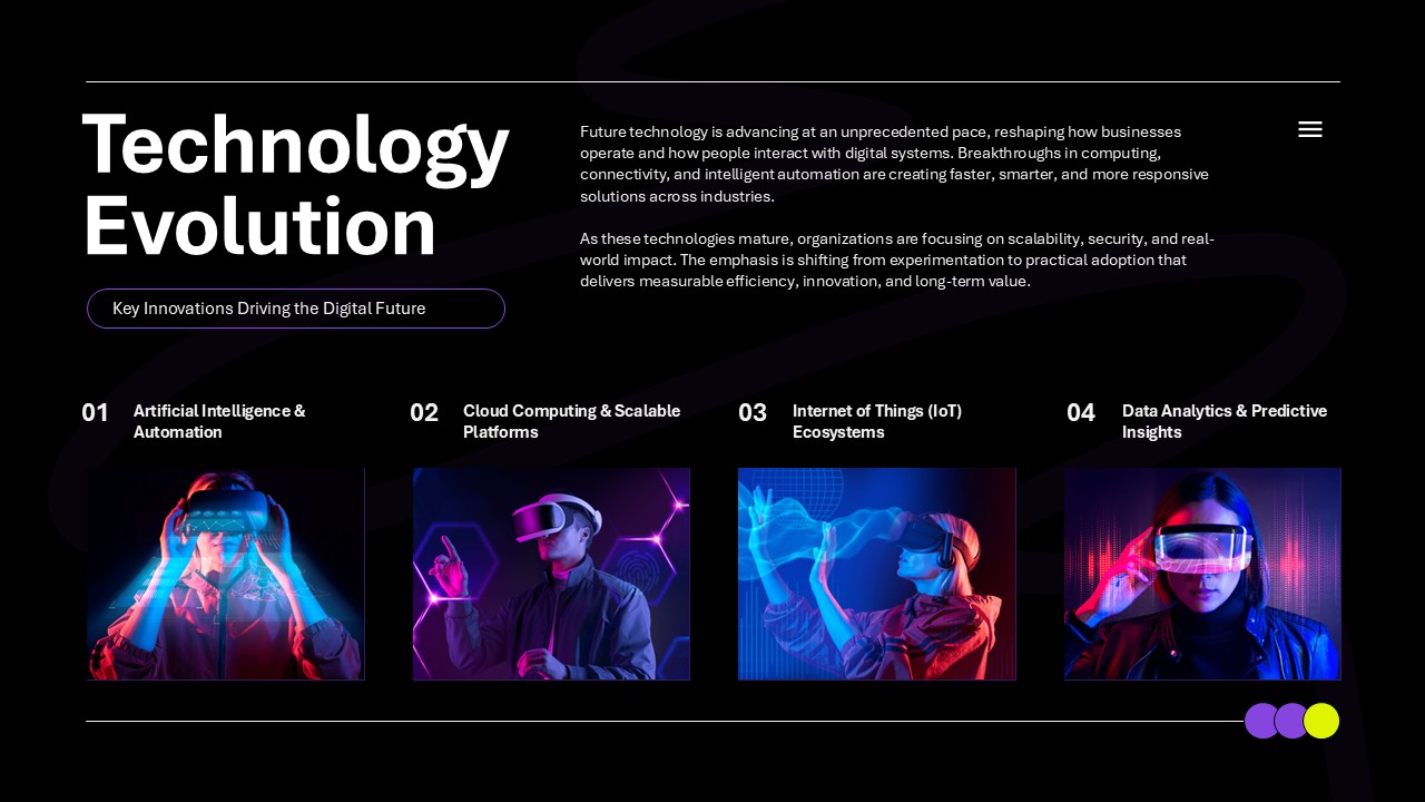 Technology evolution slide showing AI cloud IoT and data analytics stages in a multi step presentation layout