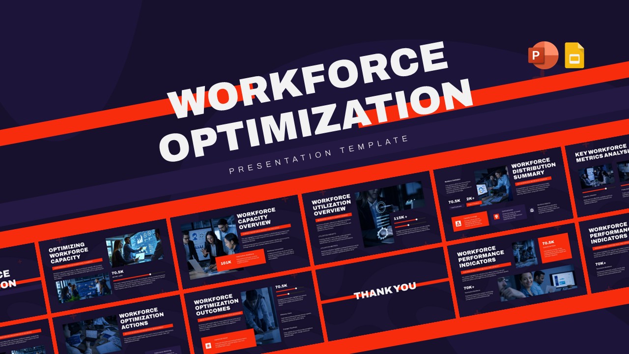 Workforce optimization HR analytics presentation template with KPI dashboard and workforce planning slides