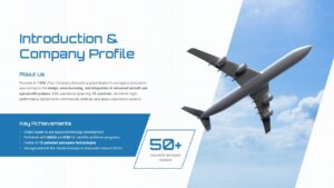 Aerospace company profile introduction PPT slide with aircraft image and business overview presentation layout.