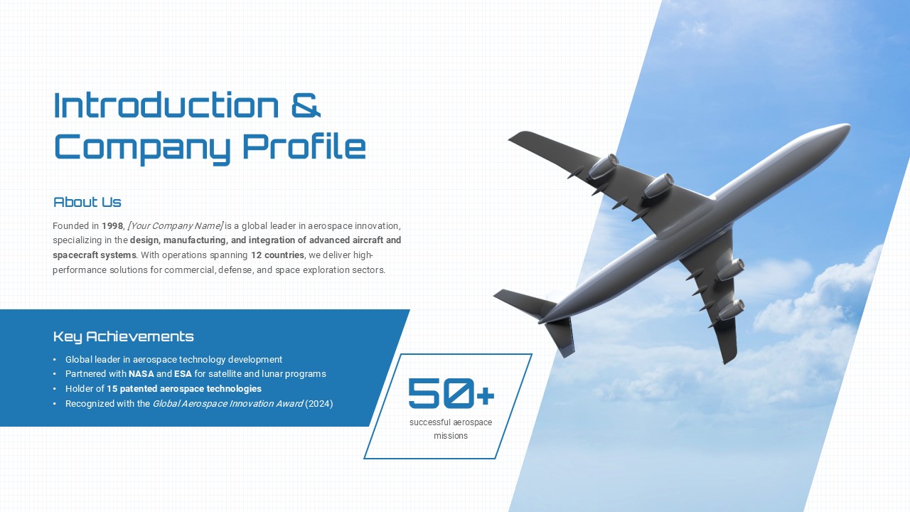Aerospace company profile introduction PPT slide with aircraft image and business overview presentation layout.