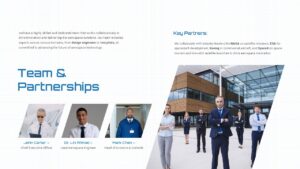 Aerospace company profile team introduction slide with employee profiles and corporate aviation presentation layout.