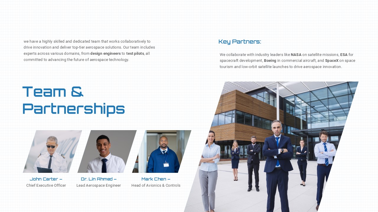 Aerospace company profile team introduction slide with employee profiles and corporate aviation presentation layout.