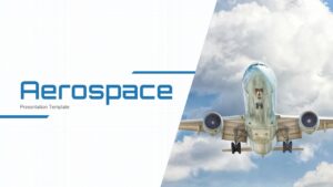 Aerospace PowerPoint template with airplane image and clean blue-and-white aviation presentation design.
