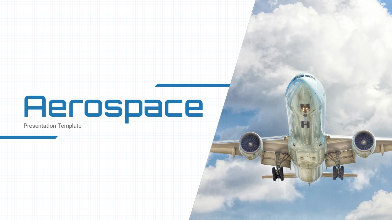 Aerospace PowerPoint template with airplane image and clean blue-and-white aviation presentation design.