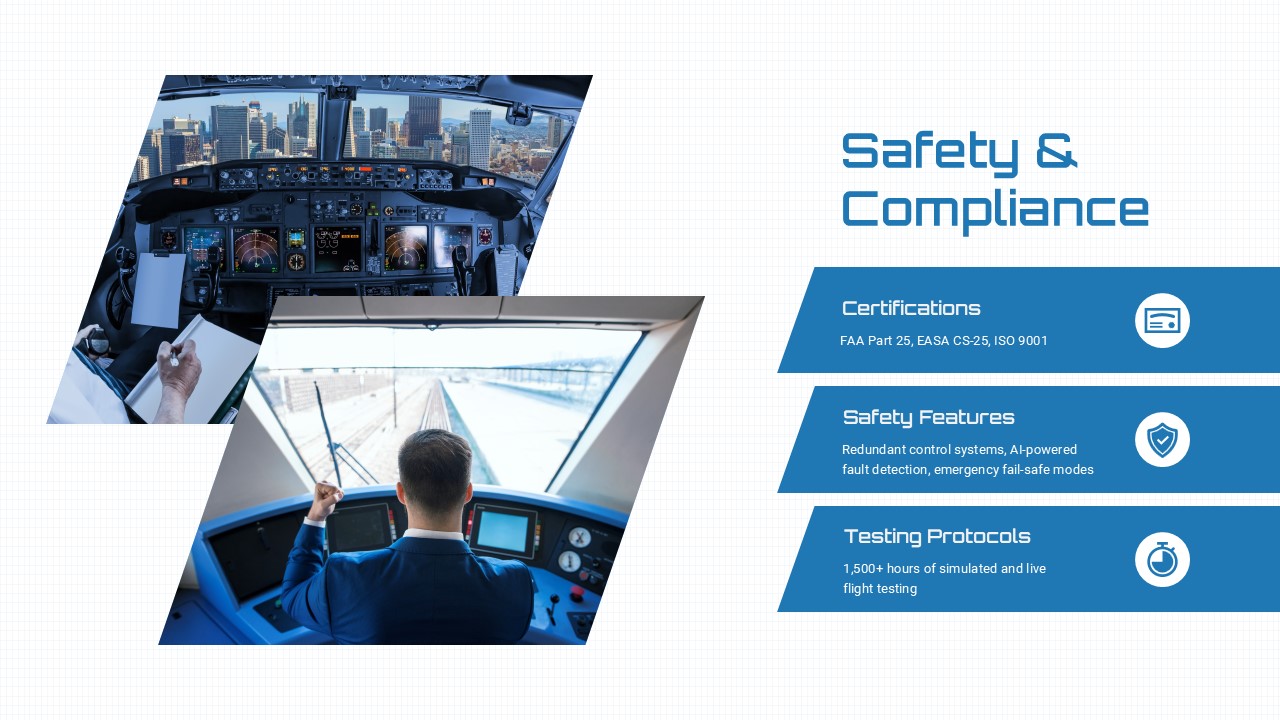 Aerospace presentation PPT template featuring aviation safety, compliance, and pilot training visuals.