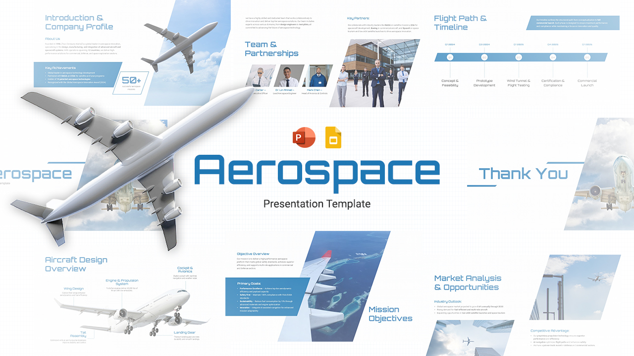 Aerospace presentation cover slide featuring aircraft visuals and modern aviation-themed design elements.