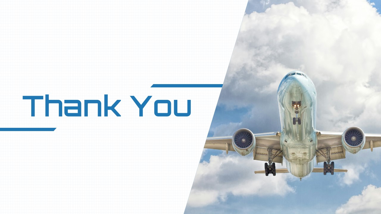 Thank you slide with airplane imagery and professional aviation presentation design.