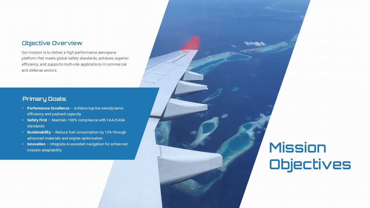Aviation mission & objectives presentation slide featuring aircraft wing visuals and business objective content layout.