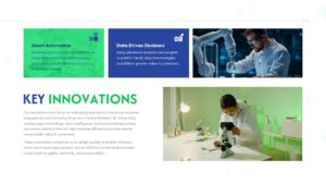 Biopharma medical presentation slide featuring healthcare innovations, laboratory research, and pharmaceutical visuals.