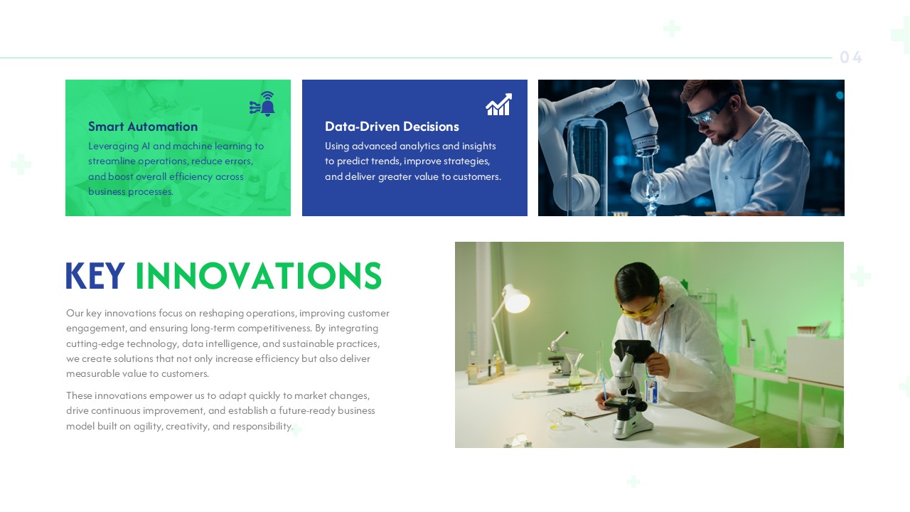 Biopharma medical presentation slide featuring healthcare innovations, laboratory research, and pharmaceutical visuals.