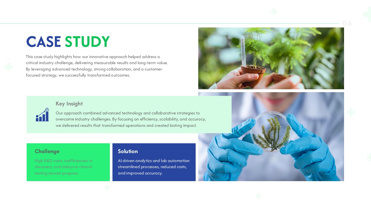 Medical case study presentation template with pharmaceutical research visuals and healthcare analysis layout.