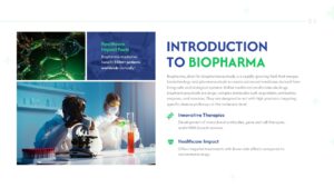 Biopharma introduction presentation slide featuring laboratory researchers, healthcare facts, and biotechnology overview content.