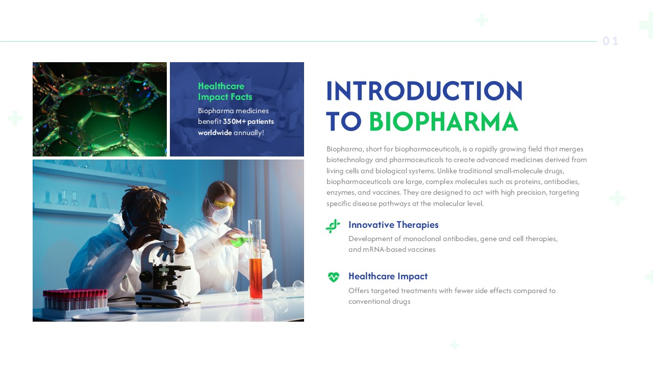 Biopharma introduction presentation slide featuring laboratory researchers, healthcare facts, and biotechnology overview content.