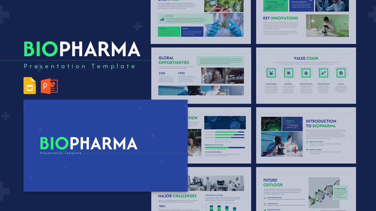 Biopharma medical presentation cover slide with healthcare branding and pharmaceutical presentation preview layout.