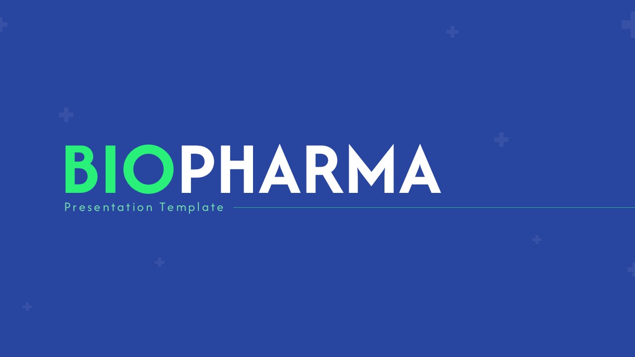 Minimal biopharma presentation title slide with modern healthcare branding and clean blue design.