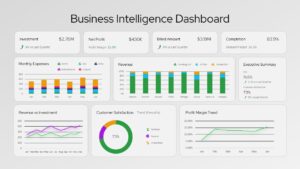 Dark-themed business intelligence dashboard PowerPoint and Google Slides template with financial metrics and analytics charts.