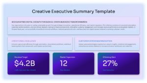 Light-themed executive summary presentation slide with business KPI cards and professional reporting layout.
