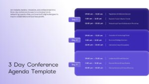 Conference agenda presentation slide for PowerPoint and Google Slides featuring a three-day event schedule and session timeline.