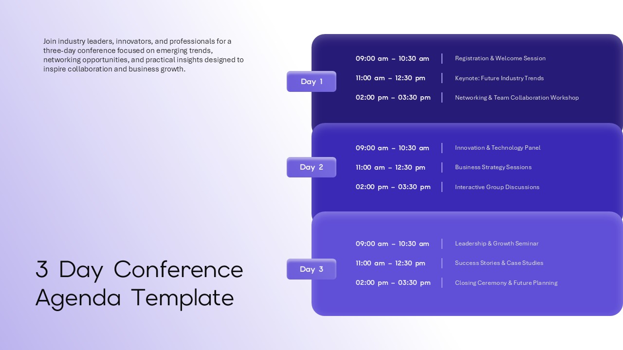 Conference agenda presentation slide for PowerPoint and Google Slides featuring a three-day event schedule and session timeline.