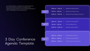 Three-day conference agenda slide showing daily schedules, session timelines, keynote events, workshops, and meeting activities.