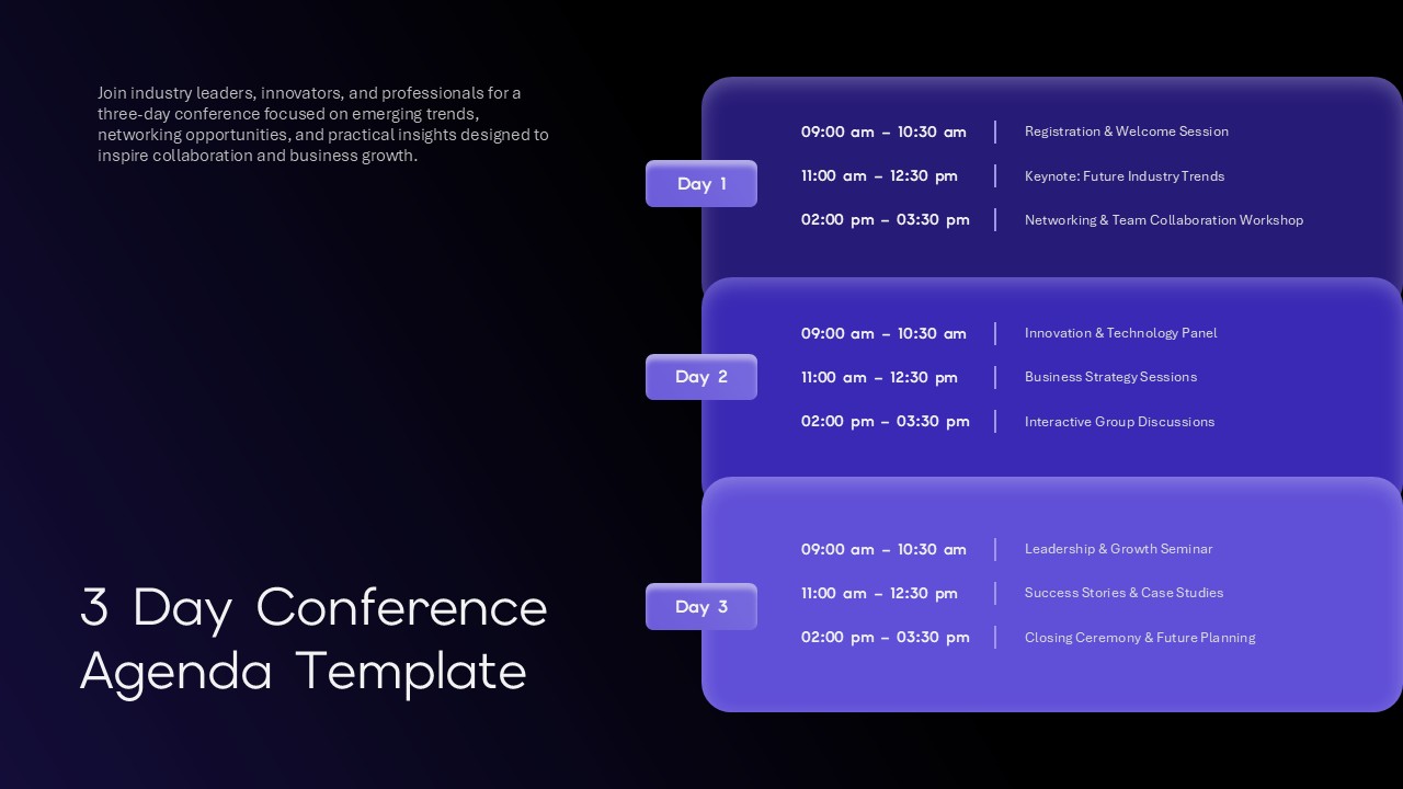 Three-day conference agenda slide showing daily schedules, session timelines, keynote events, workshops, and meeting activities.