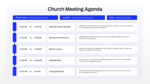 Church board meeting agenda Google Slides template featuring worship planning, ministry updates, community outreach, and fellowship schedule.
