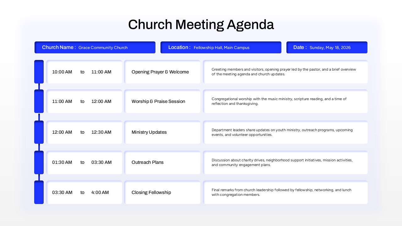 Church board meeting agenda Google Slides template featuring worship planning, ministry updates, community outreach, and fellowship schedule.