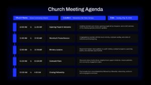 Church board meeting agenda PowerPoint template outlining prayer session, ministry reports, outreach plans, and leadership discussions.