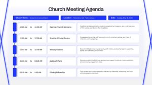 Church meeting agenda PowerPoint template with worship schedule, ministry updates, outreach planning, and fellowship activities.