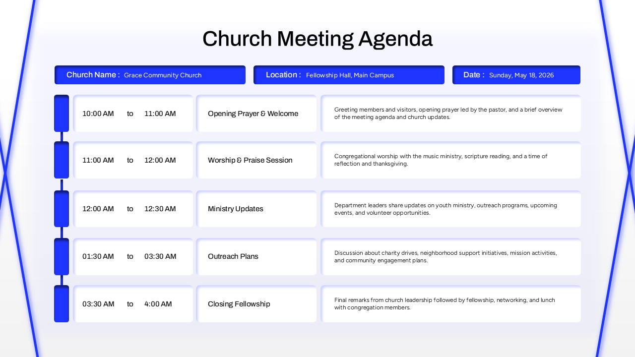 Church meeting agenda PowerPoint template with worship schedule, ministry updates, outreach planning, and fellowship activities.