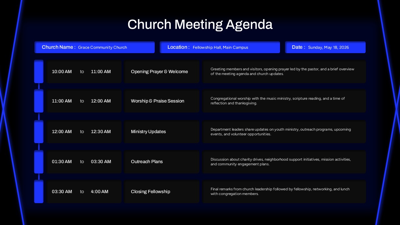 Church meeting agenda slide template presenting worship agenda, ministry activities, outreach programs, and congregation fellowship schedule.