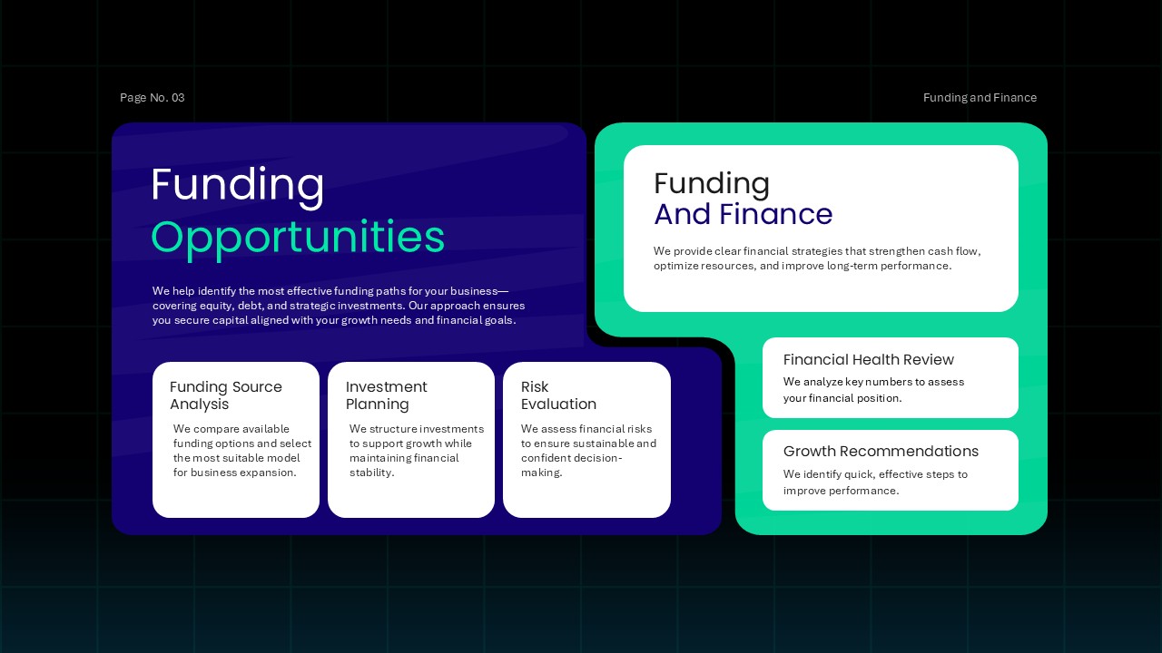 Funding opportunities presentation slide showcasing investment options, growth initiatives, and financing opportunities.