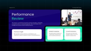 Financial performance overview slide displaying business results, key metrics, and revenue performance insights.