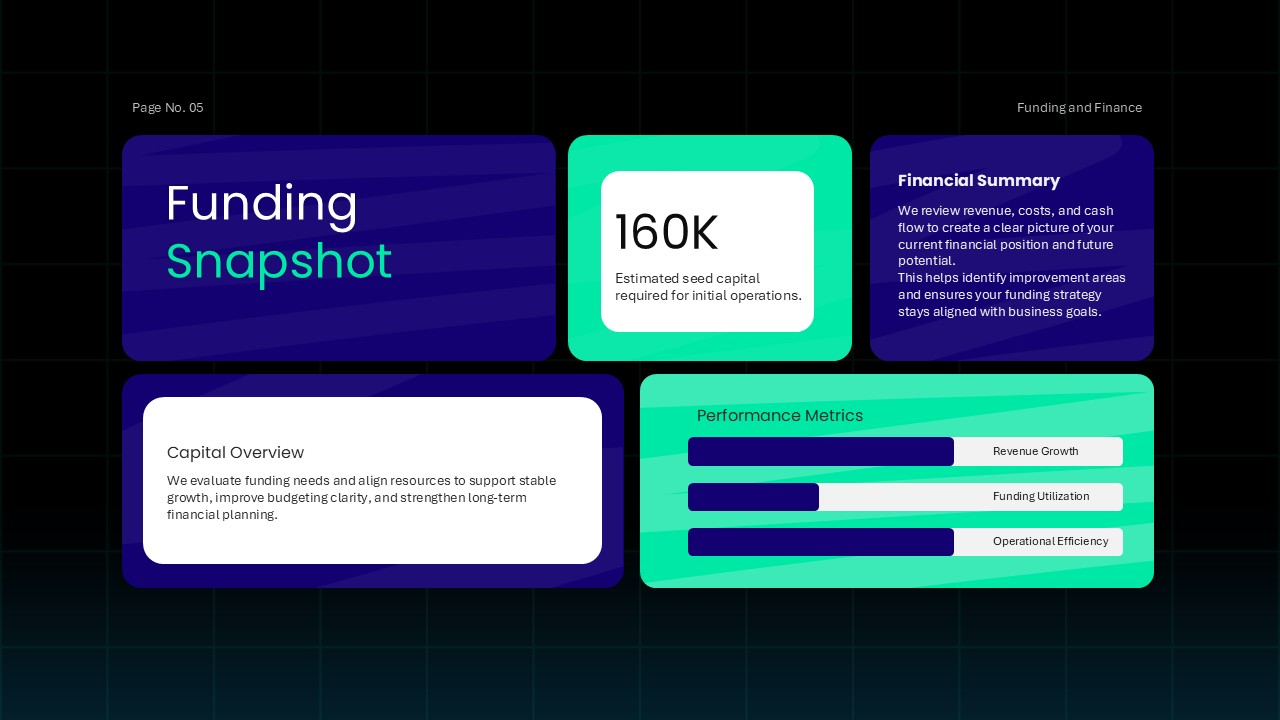 Financial snapshot slide highlighting key financial metrics, revenue summaries, and performance indicators.