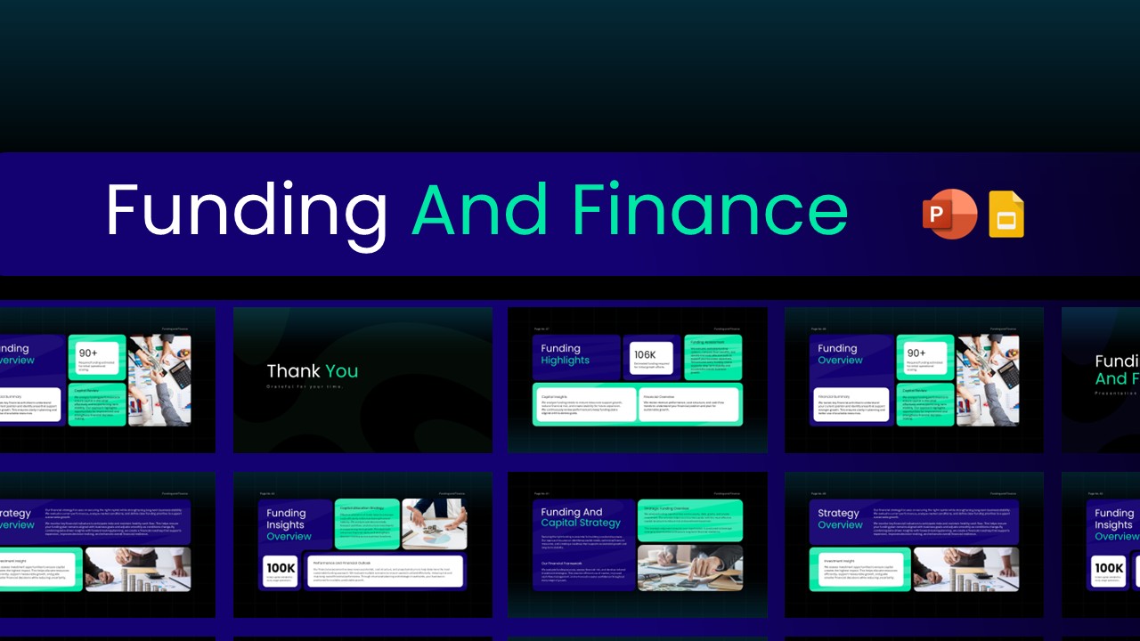 Funding and finance presentation overview slide displaying multiple business and financial presentation layouts.