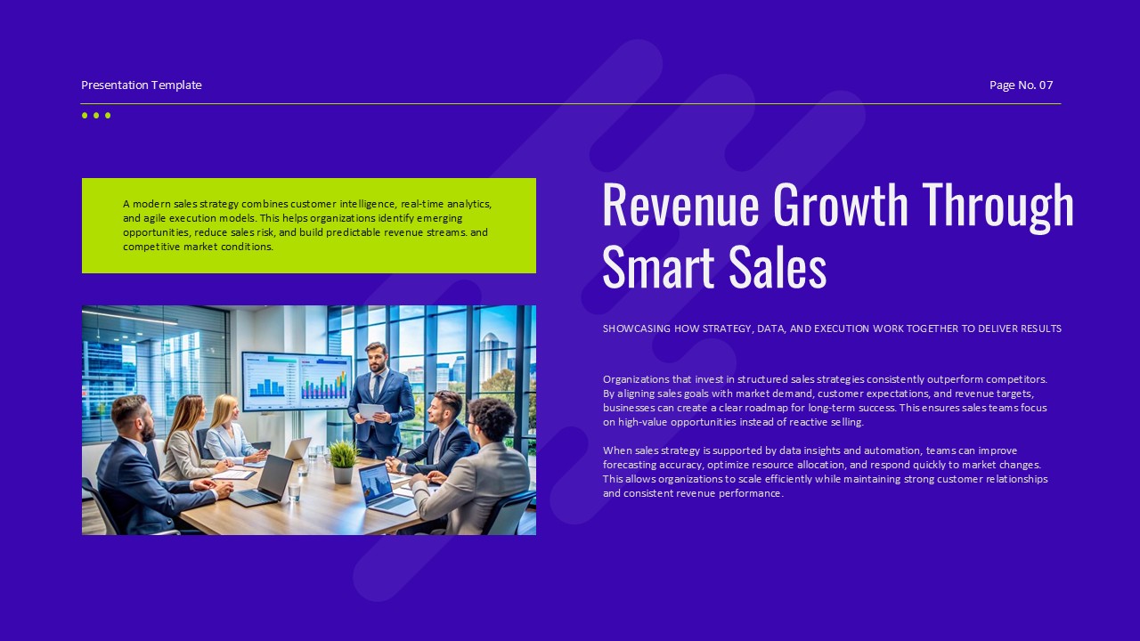 Revenue growth presentation slide showcasing sales performance improvements, growth opportunities, and business expansion strategies.
