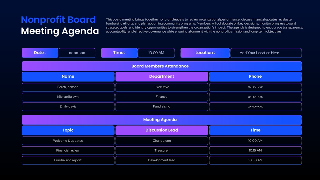 Board meeting agenda PPT presentation slide with attendance records, agenda planning table, discussion leadership assignments, and meeting timeline.
