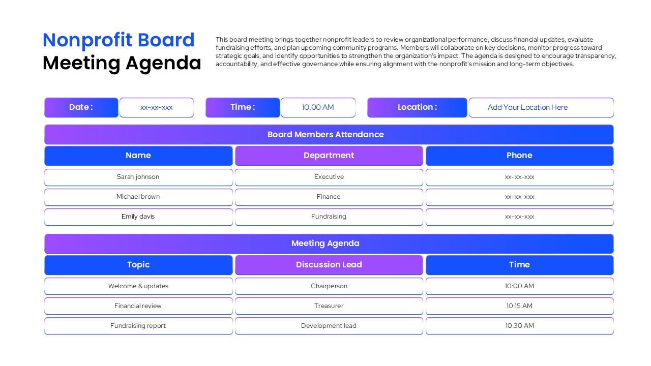 Nonprofit board meeting agenda presentation template featuring attendance tracking, meeting schedule, discussion topics, and governance planning sections.