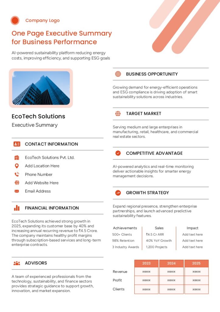 one page executive summary ppt template